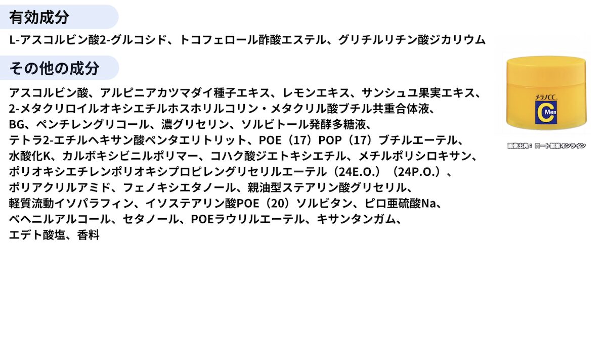 メラノCC Men「薬用しみ対策美白ジェル」の全成分表示