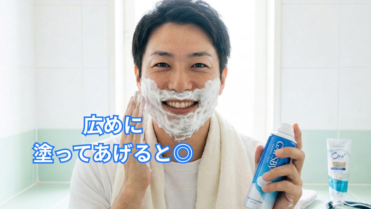 シェービングフォームを顔に塗り広げる男性