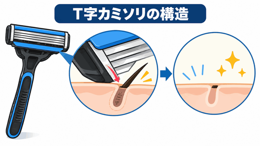 T字カミソリの髭を剃る構造